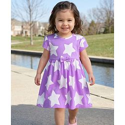 Babyhug Single Jersey Knit Half Sleeves Star Printed Frock with Bow Applique - White & Lilac