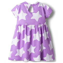 Babyhug Single Jersey Knit Half Sleeves Star Printed Frock with Bow Applique - White & Lilac