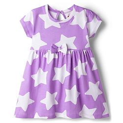 Babyhug Single Jersey Knit Half Sleeves Star Printed Frock with Bow Applique - White & Lilac