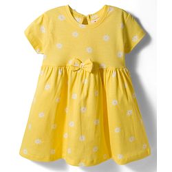 Babyhug Single Jersey Knit Half Sleeves Floral Printed Frock with Bow Applique - Yellow