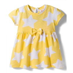 Babyhug Single Jersey Knit Half Sleeves Frock with Star Print & Bow Applique - Multicolour