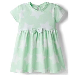 Babyhug Single Jersey Knit Half Sleeves Frock with Bow & Star Print - Sea Green