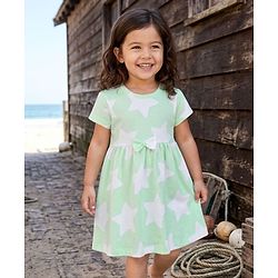 Babyhug Single Jersey Knit Half Sleeves Frock with Bow & Star Print - Sea Green