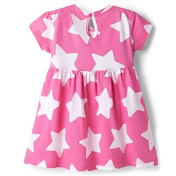 Babyhug Single Jersey Knit Half Sleeves Star Printed Frock with Bow Applique - White & Pink