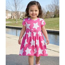 Babyhug Single Jersey Knit Half Sleeves Star Printed Frock with Bow Applique - White & Pink