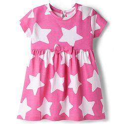 Babyhug Single Jersey Knit Half Sleeves Star Printed Frock with Bow Applique - White & Pink