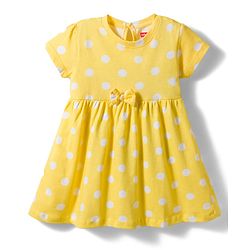 Babyhug Single Jersey Knit Half Sleeves Frock With Polka Dot Print & Bow Applique - Yellow