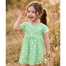 Babyhug Single Jersey Knit Half Sleeves Polka Dots Printed Frock with Bow Applique - Sea Green