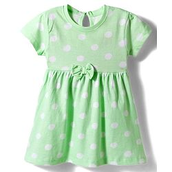 Babyhug Single Jersey Knit Half Sleeves Polka Dots Printed Frock with Bow Applique - Sea Green