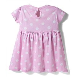 Babyhug 100% Cotton Knit Half Sleeves Polka Dots Printed Frock With Bow Applique - Pink