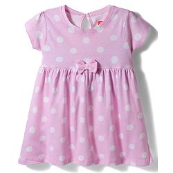 Babyhug 100% Cotton Knit Half Sleeves Polka Dots Printed Frock With Bow Applique - Pink