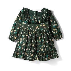 Babyhug Woven Full Peasant Sleeves Floral Printed Tiered Frock - Dark Green