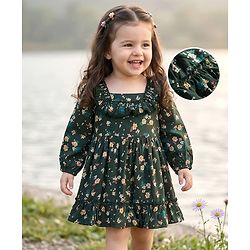 Babyhug Woven Full Peasant Sleeves Floral Printed Tiered Frock - Dark Green