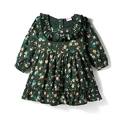 Babyhug Woven Full Peasant Sleeves Floral Printed Tiered Frock - Dark Green