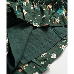 Babyhug Woven Full Peasant Sleeves Floral Printed Tiered Frock - Dark Green