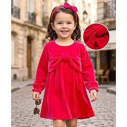 Babyhug Cotton Woven Full Sleeves Solid Color Frock with Headband & Bow Applique - Red