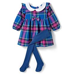 Babyhug Cotton Woven Full Sleeves Checks Frock With Bow Applique & Leggings - Blue