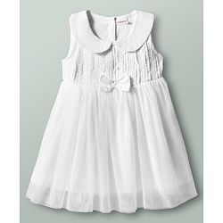 Babyhug 100% Cotton Woven Sleeveless Embroidered Frock With Headband - White