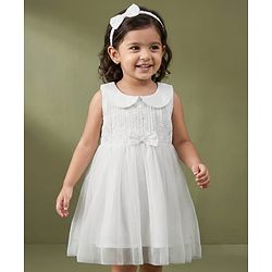 Babyhug 100% Cotton Woven Sleeveless Embroidered Frock With Headband - White