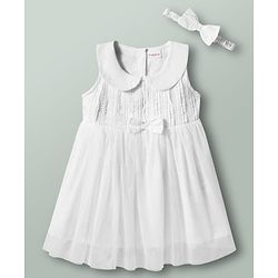 Babyhug 100% Cotton Woven Sleeveless Embroidered Frock With Headband - White