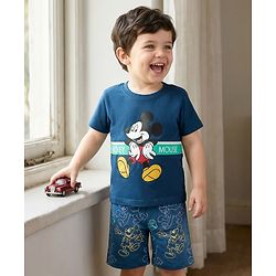 Babyhug Disney Single Jersey Knit Half Sleeves T-Shirt & Shorts Night Suit With Mickey Mouse Graphics - Navy Blue