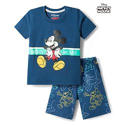 Babyhug Disney Single Jersey Knit Half Sleeves T-Shirt & Shorts Night Suit With Mickey Mouse Graphics - Navy Blue
