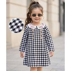 Babyhug Cotton Woven Full Sleeves Checked Frock With Floral Embroidery - Black