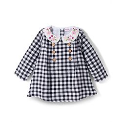 Babyhug Cotton Woven Full Sleeves Checked Frock With Floral Embroidery - Black