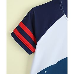 Babyhug Raglan Half Sleeves Shark Printed Two Piece Swimsuit With Cap - Navy Blue