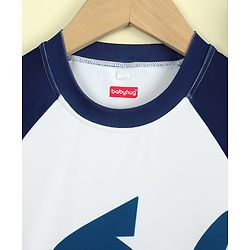 Babyhug Raglan Half Sleeves Shark Printed Two Piece Swimsuit With Cap - Navy Blue