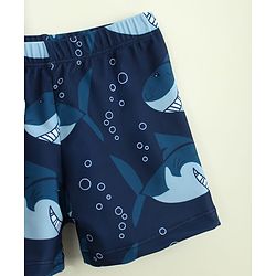Babyhug Raglan Half Sleeves Shark Printed Two Piece Swimsuit With Cap - Navy Blue