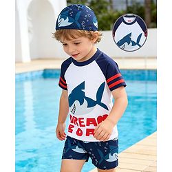 Babyhug Raglan Half Sleeves Shark Printed Two Piece Swimsuit With Cap - Navy Blue