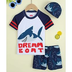 Babyhug Raglan Half Sleeves Shark Printed Two Piece Swimsuit With Cap - Navy Blue