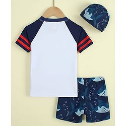 Babyhug Raglan Half Sleeves Shark Printed Two Piece Swimsuit With Cap - Navy Blue