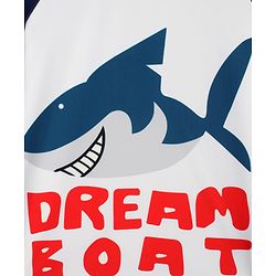 Babyhug Raglan Half Sleeves Shark Printed Two Piece Swimsuit With Cap - Navy Blue