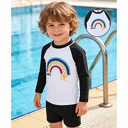 Babyhug Raglan Full Sleeves Rainbow Printed Two Piece Swimsuit - Black
