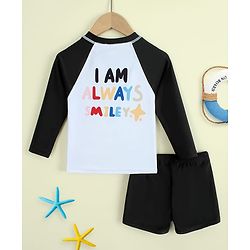 Babyhug Raglan Full Sleeves Rainbow Printed Two Piece Swimsuit - Black
