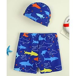 Babyhug Sea Life Printed Swimming Trunk With Cap - Navy Blue