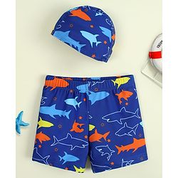 Babyhug Sea Life Printed Swimming Trunk With Cap - Navy Blue