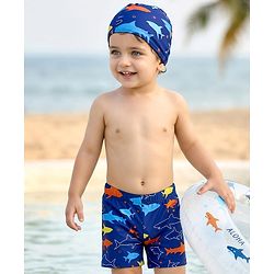 Babyhug Sea Life Printed Swimming Trunk With Cap - Navy Blue