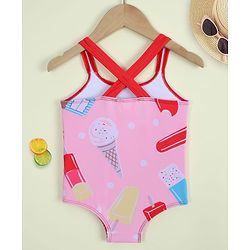 Babyhug Sleeveless Ice Cream Printed V Cut Swimsuit - Pink