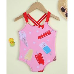 Babyhug Sleeveless Ice Cream Printed V Cut Swimsuit - Pink