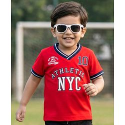 Babyhug Cotton Knit Half Sleeves Oversized Collared T-Shirt with NYC Print - Red