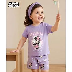 Babyhug Disney Single Jersey Knit Half Sleeves T-Shirt & Shorts Night Suit With Minnie Mouse Graphics - Lavender