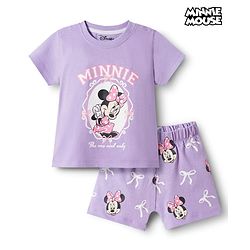 Babyhug Disney Single Jersey Knit Half Sleeves T-Shirt & Shorts Night Suit With Minnie Mouse Graphics - Lavender