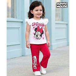 Babyhug Disney Single Jersey Knit Half Frill Sleeves T-Shirt & Pant Set with Minnie Mouse Graphic - Red & White