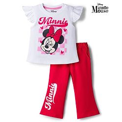 Babyhug Disney Single Jersey Knit Half Frill Sleeves T-Shirt & Pant Set with Minnie Mouse Graphic - Red & White