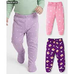 Babyhug Cotton Interlock Knit Bootie Leggings with Polka Dot Floral & Fox Print Pack of 3 - Purple Lilac & Pink