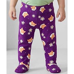 Babyhug Cotton Interlock Knit Bootie Leggings with Polka Dot Floral & Fox Print Pack of 3 - Purple Lilac & Pink