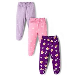 Babyhug Cotton Interlock Knit Bootie Leggings with Polka Dot Floral & Fox Print Pack of 3 - Purple Lilac & Pink